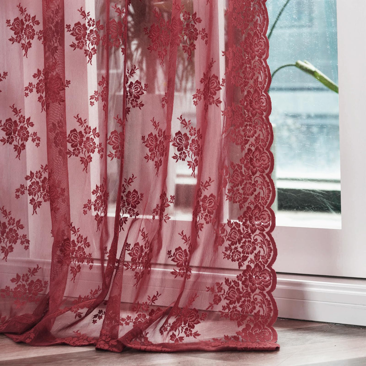 Kotile Short Beige Lace Curtains for Kitchen Windows W42xL45 Inch, 2 Panels