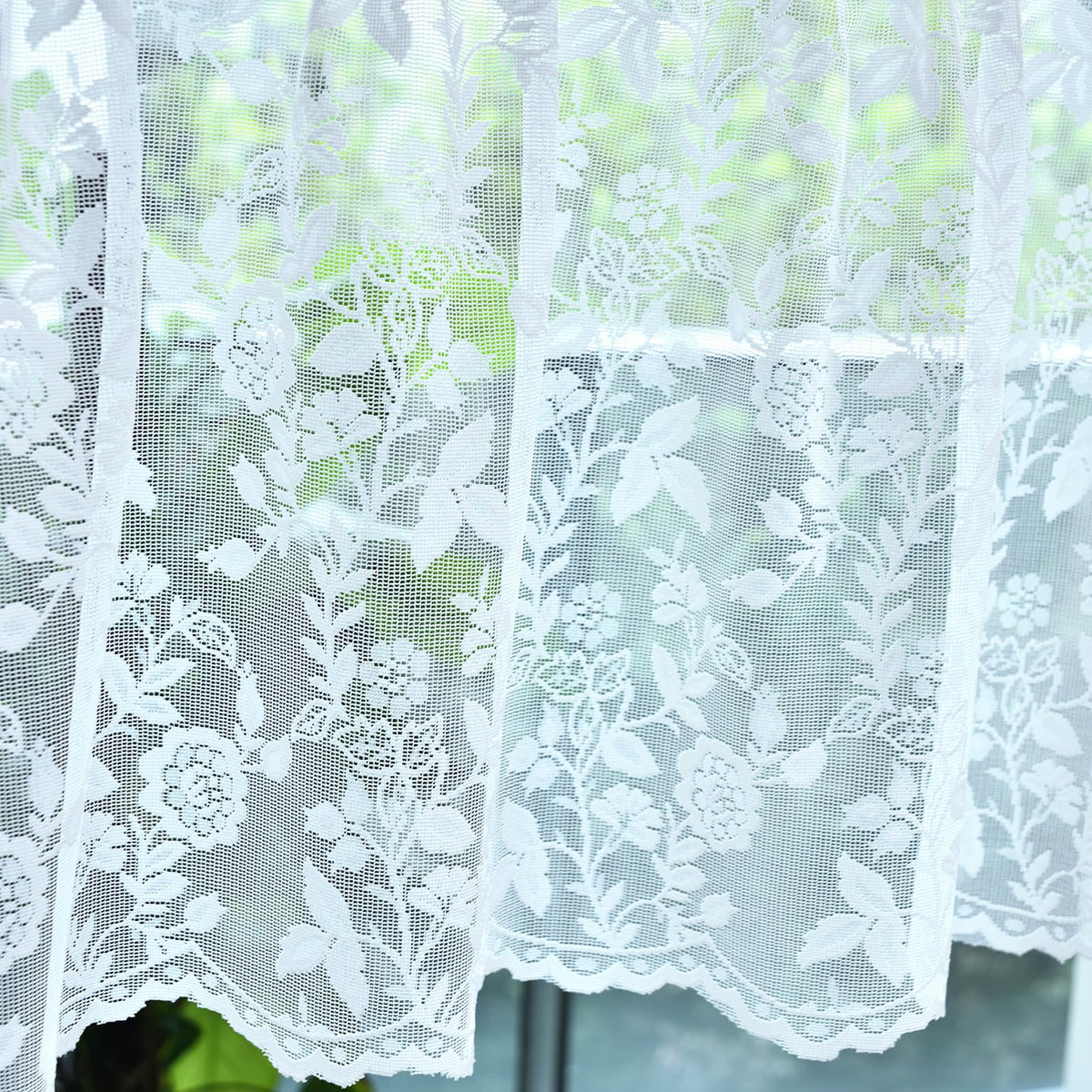 FINECITY Short Beige Lace Curtains Rustic Leaf Floral W42xL36 Inch 2 Panels