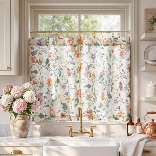 jinchan Hattie Floral Linen Kitchen Tier Curtains Beige 30 in 2 Panels