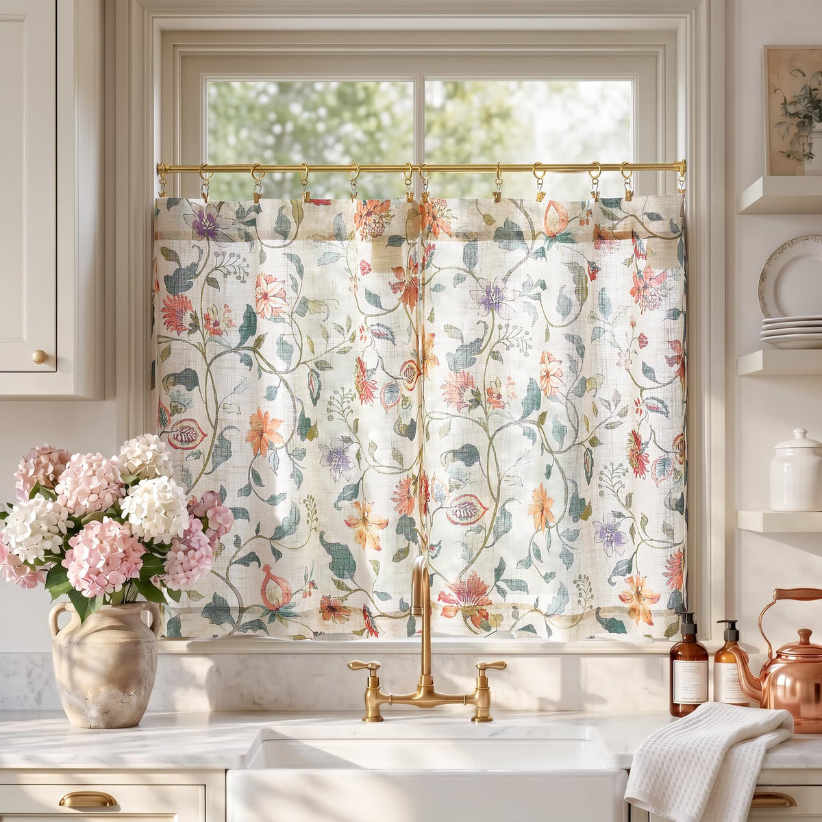 jinchan Hattie Floral Linen Kitchen Tier Curtains Beige 36 in 2 Panels