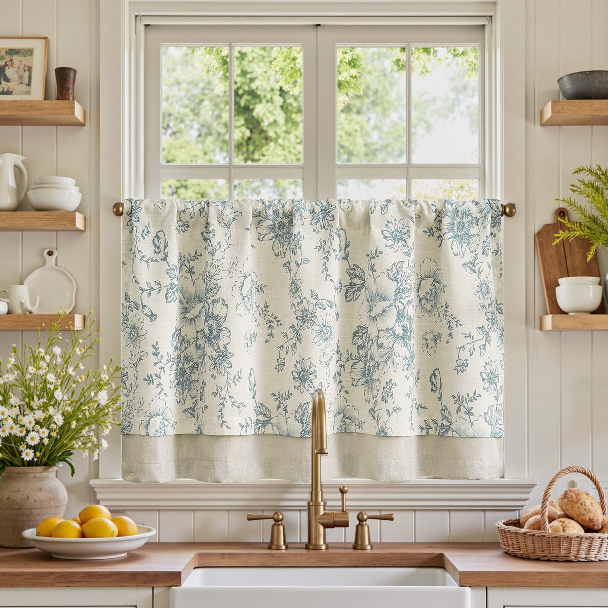 jinchan Hattie Floral Linen Kitchen Tier Curtains Beige 36 in 2 Panels