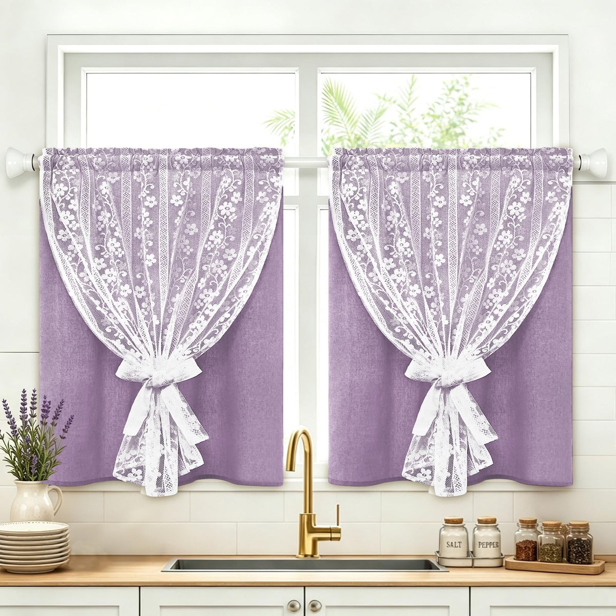 ASPMIZ Linen Kitchen Curtains 36 Inch Length, Double Layered Window Curtain 2 Panel Sets Rod Pocket Short Curtains for Kitchen, Farmhouse Window Treatment Tiers for Bathroom, Cafe, Beige