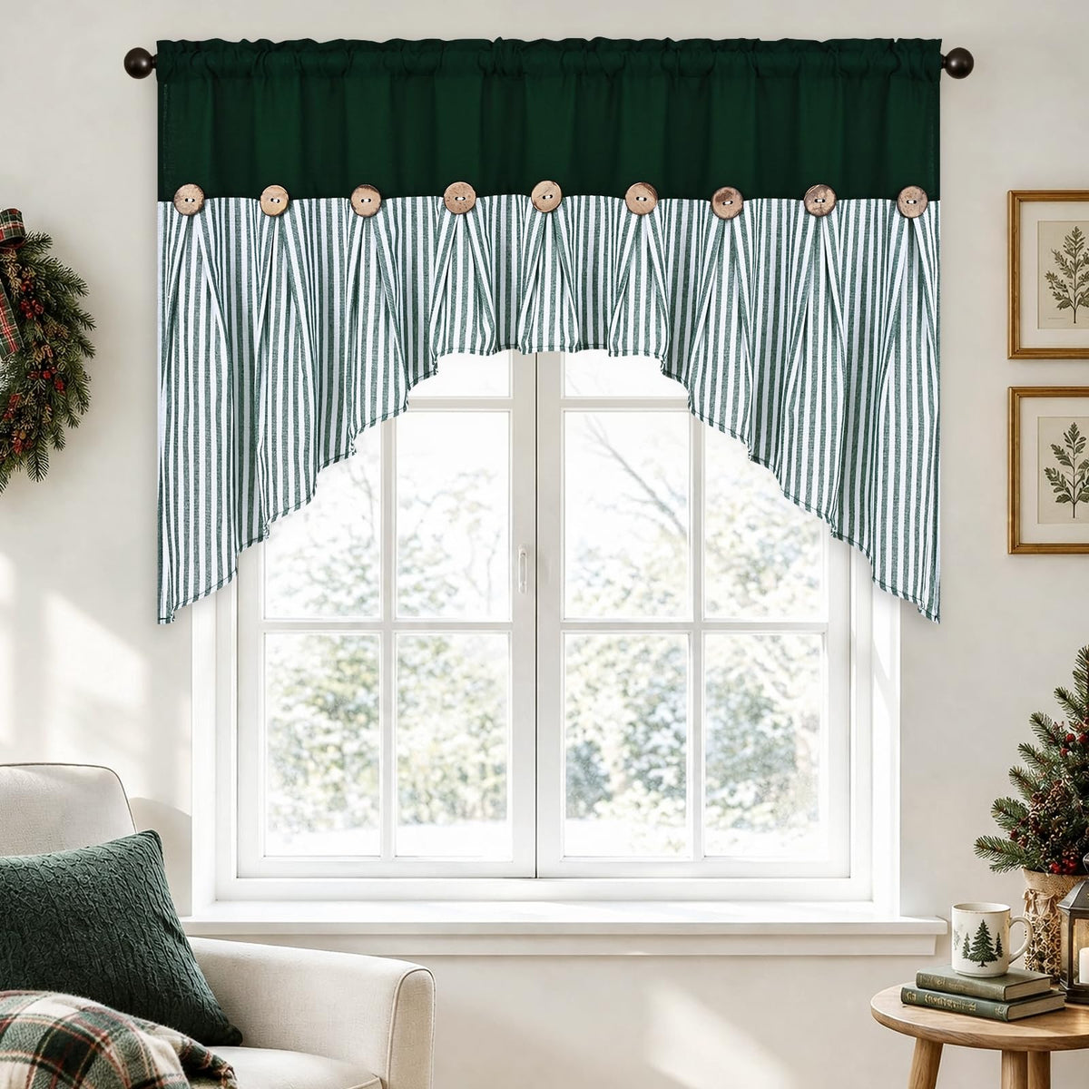 ASPMIZ Cotton Linen Kitchen Valance Curtains, Boho Rustic Button Linen Valances for Windows Farmhouse, Black with Grey Stripe Valance Window Topper Treatment Window Valances for Bathroom, 52 x 18 Inch