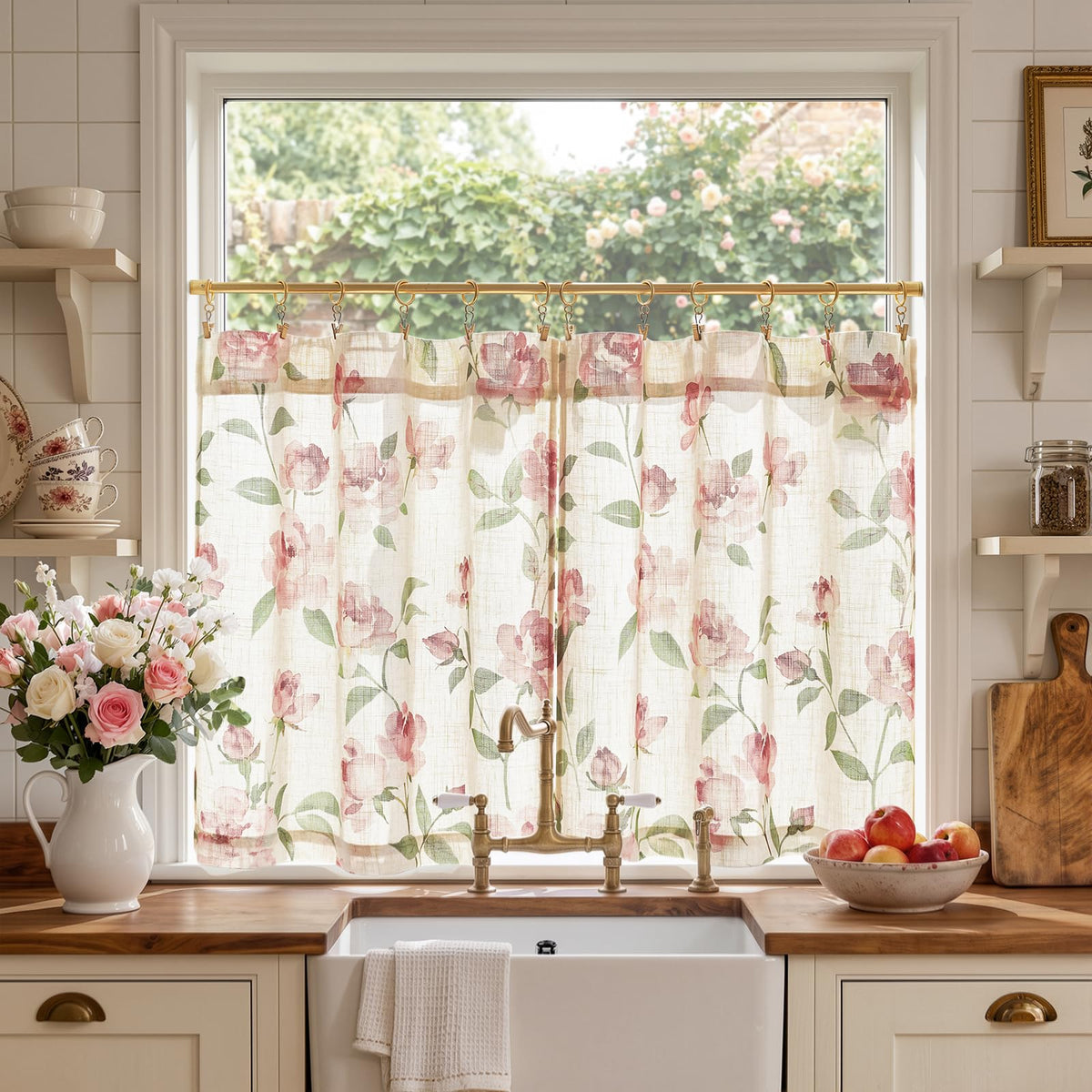 jinchan Hattie Floral Linen Kitchen Tier Curtains Beige 36 in 2 Panels