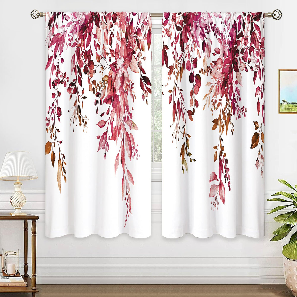 Eucalyptus Botanical Leaves Floral Kitchen Window Curtains Over Sink Boho Farmhouse Flower Leaf Small Window Treatment Sage Green Cafe Short Curtains for Bathroom Tier Drapes 27.5x39 inch