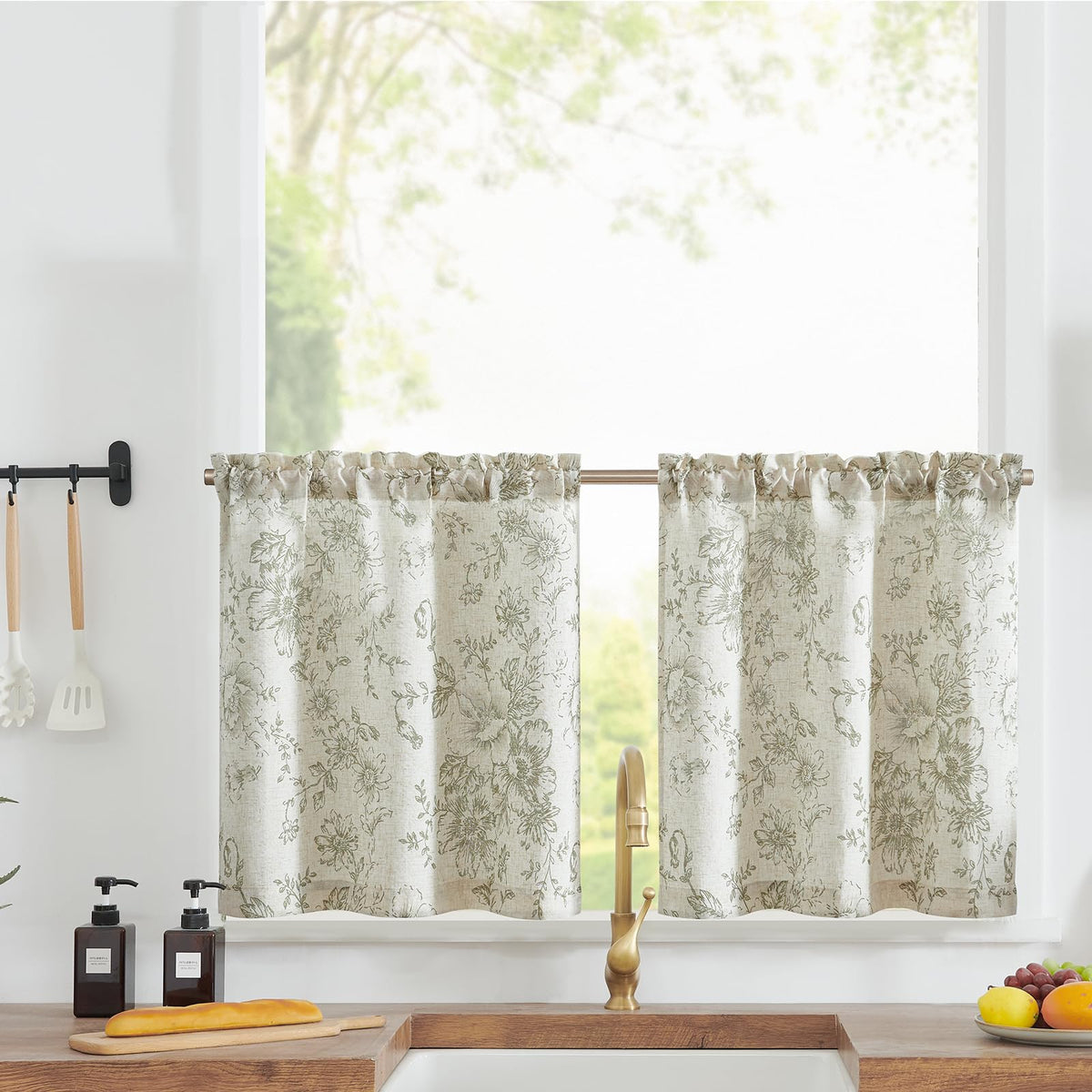 jinchan Hattie Floral Linen Kitchen Tier Curtains Beige 30 in 2 Panels