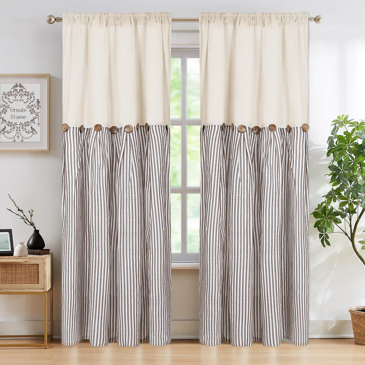 ASPMIZ Cotton Linen Kitchen Valance Curtains, Boho Rustic Button Linen Valances for Windows Farmhouse, Black with Grey Stripe Valance Window Topper Treatment Window Valances for Bathroom, 52 x 18 Inch