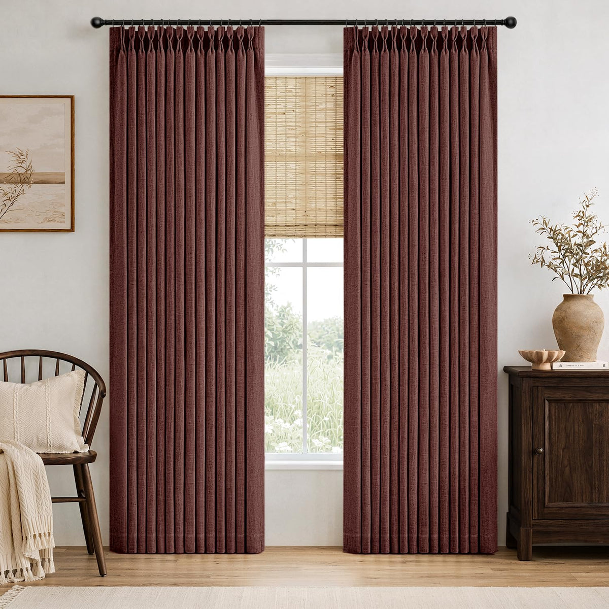 MIULEE Pinch Pleated Thick Linen Curtains 36 Inches Long 2 Panels Natural