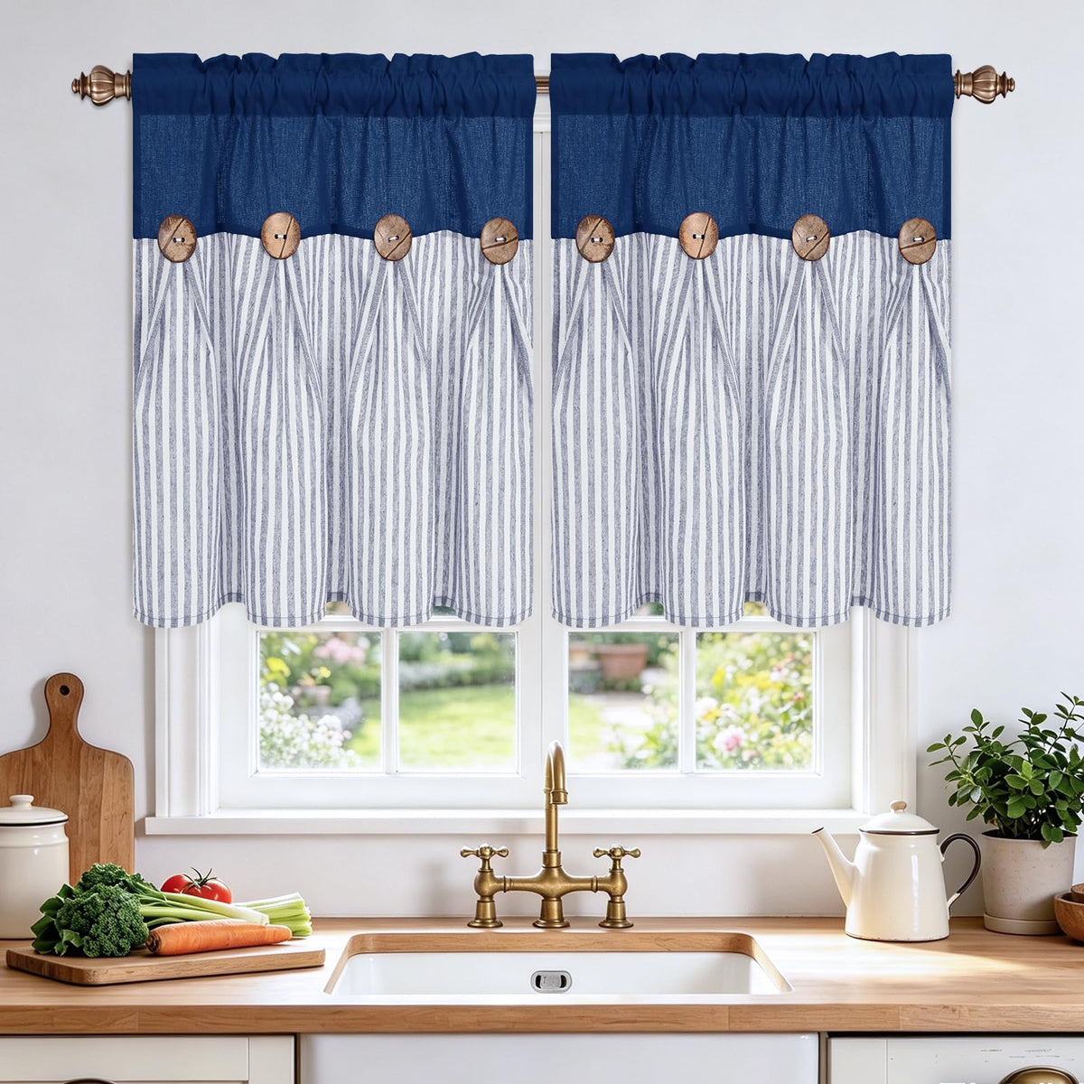 BLEUM CADE Farmhouse Kitchen Curtains 36 Inch, Cotton Linen Cafe Curtains with Rustic Buttons, Boho Small Window Curtains for Bathroom, Green Stripe Half Window Drapes Over Sink, 2 Panels