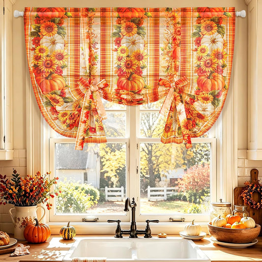 Fall Thanksgiving Kitchen Curtain Pumpkin Curtains for Living Room Sunflower Plaid Tie Up Kitchen Curtains Rod Pocket Light Filtering Short Curtain for Kitchen Bathroom, 1 Panel, 42'W x 45" L