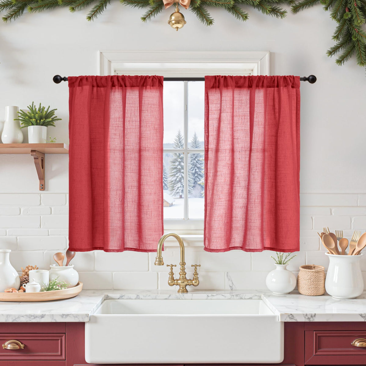 BGment Linen Kitchen Window Curtains Over Sink, 36 Inch Length Cafe Drapes