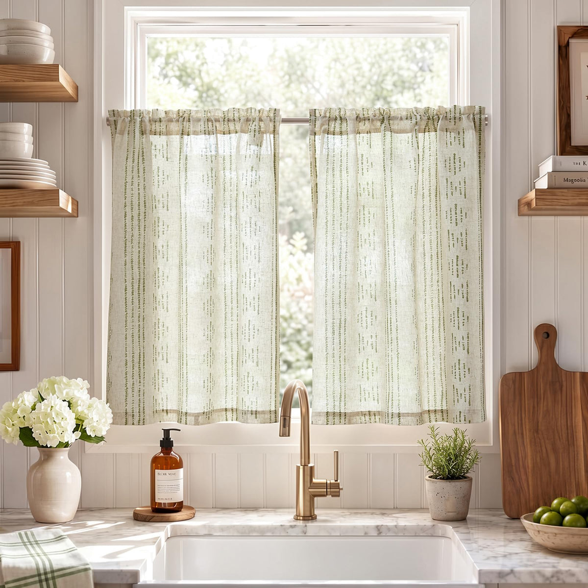 jinchan Linen Striped Tier Curtains for Kitchen Windows Farmhouse