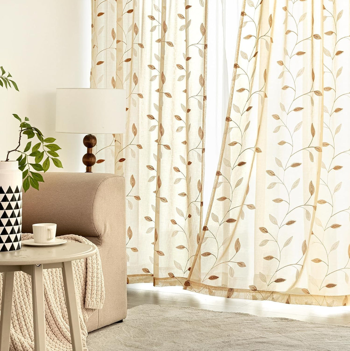 MIULEE Beige Sheer Curtains 2 Panels Embroidered Leaf Patterned, W52 x L63