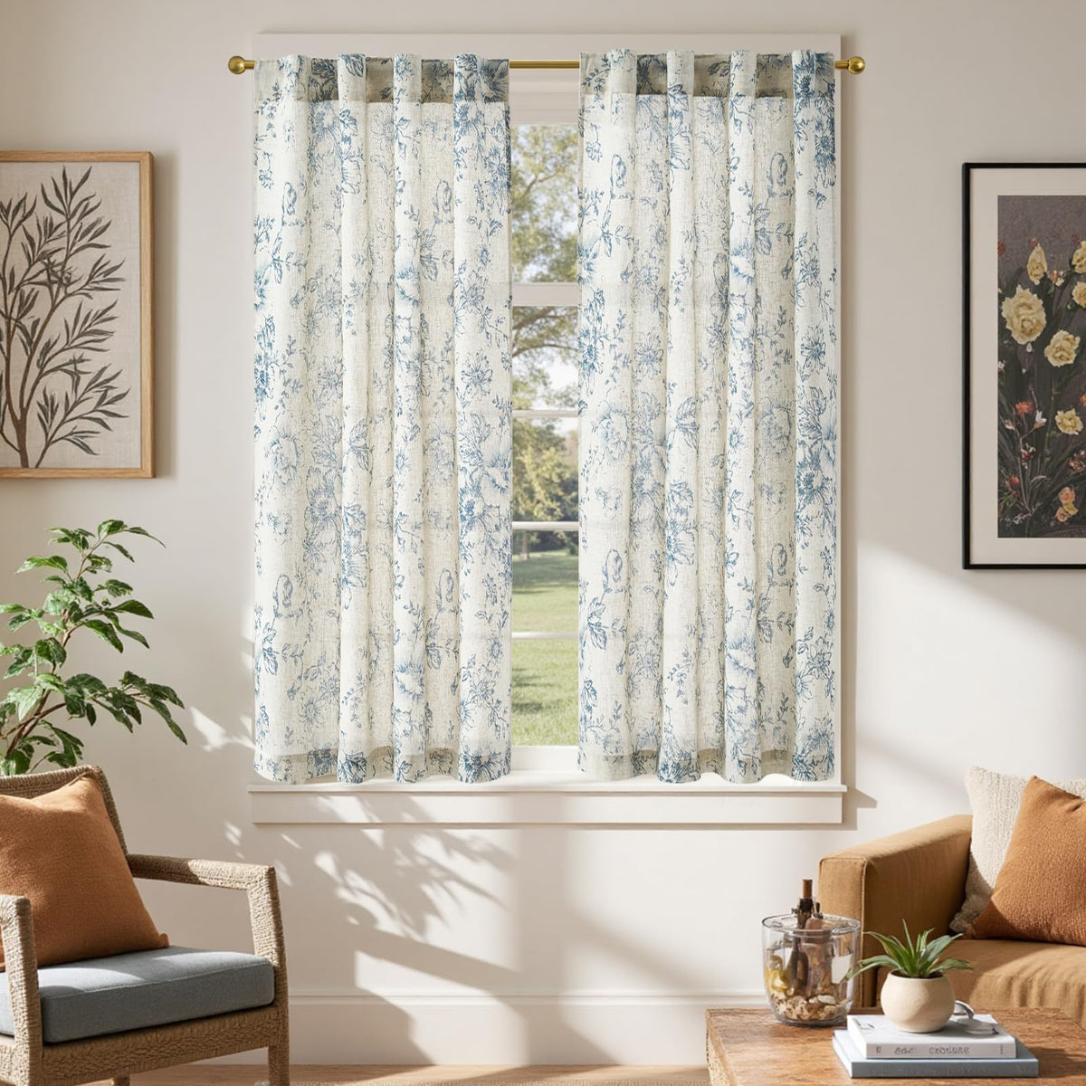 jinchan Hattie Floral Linen Kitchen Tier Curtains Beige 30 in 2 Panels