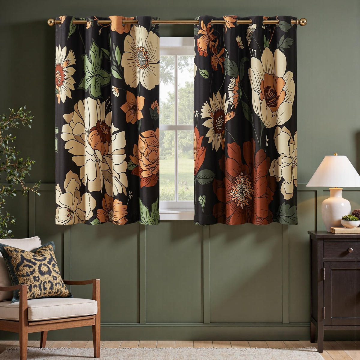 jinchan Black Boho Floral Blackout Curtains 84 Inch Grommet 2 Panels