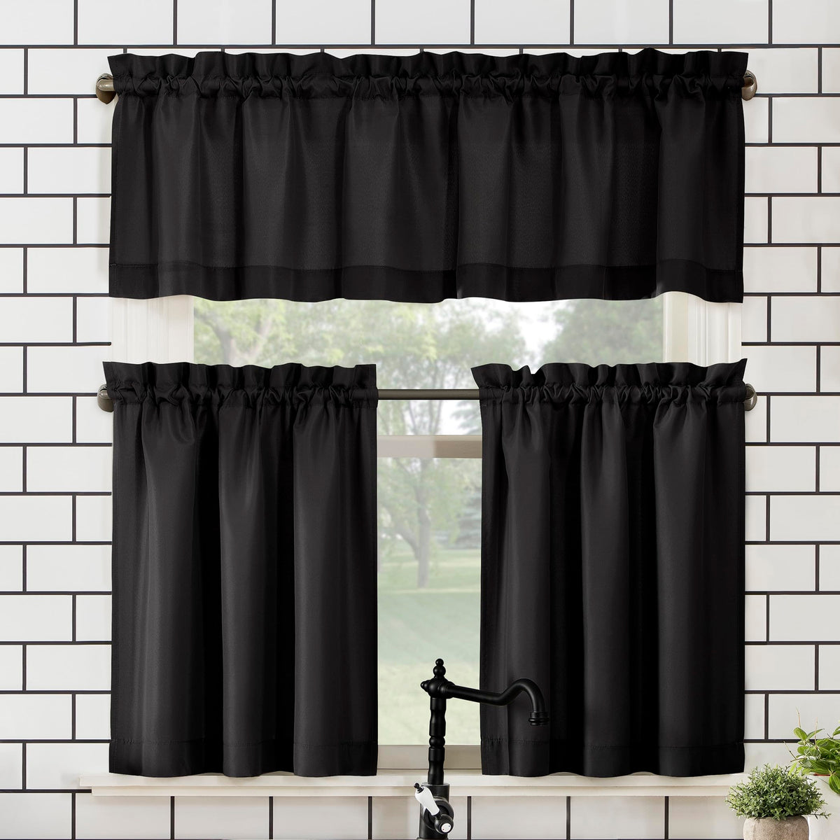 No. 918 Martine Microfiber Semi-Sheer Rod Pocket Kitchen Curtain Valance and Tiers Set, 54" x 36", Red