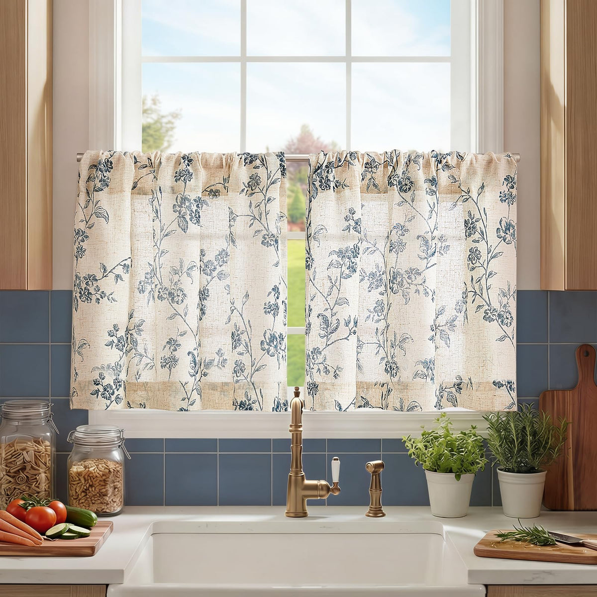 jinchan Floral Linen Kitchen Tier Curtains, 36 Inch, 2 Panels, Taupe