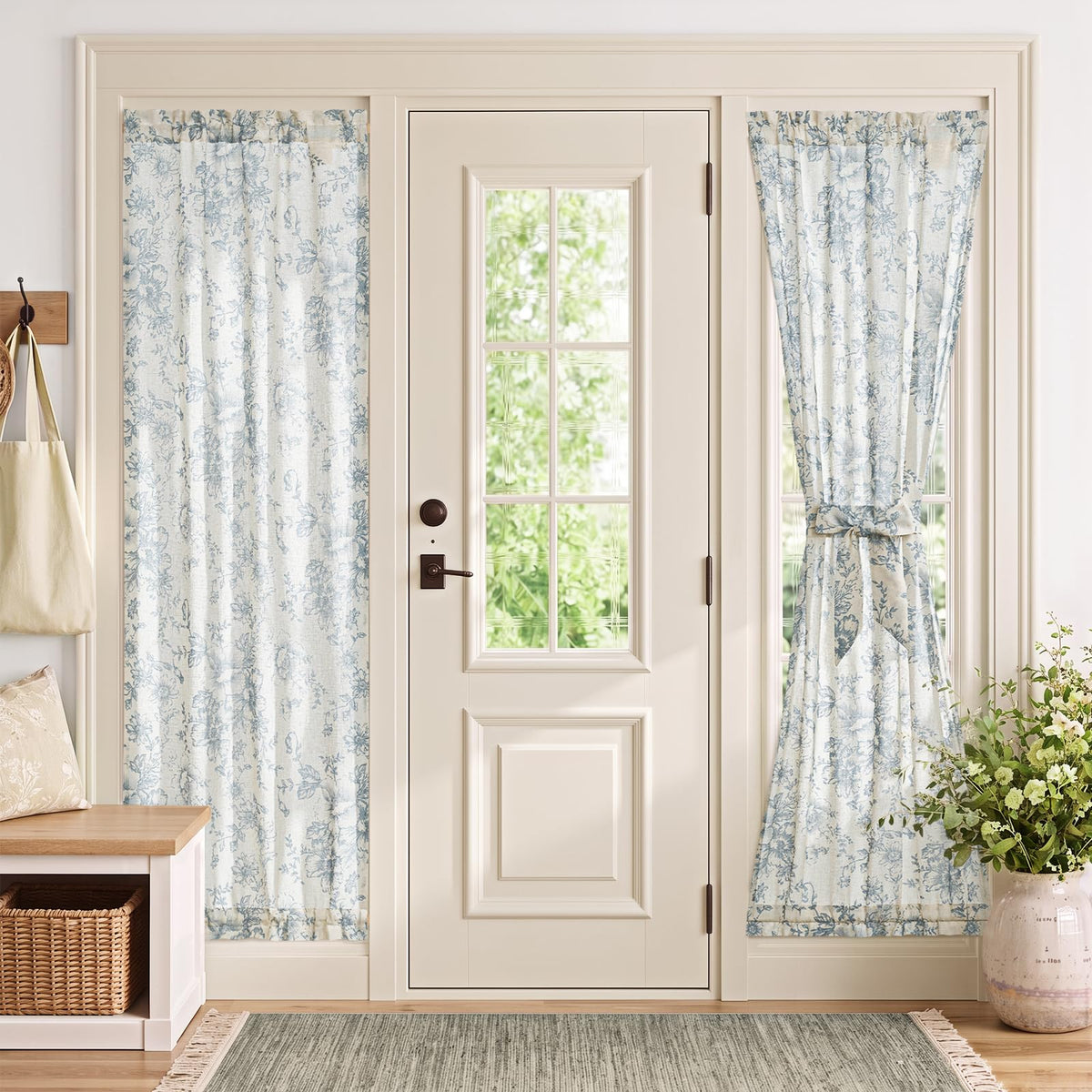 jinchan Blue Linen Floral French Door Curtain 40 Inch Rod Pocket 1 Panel