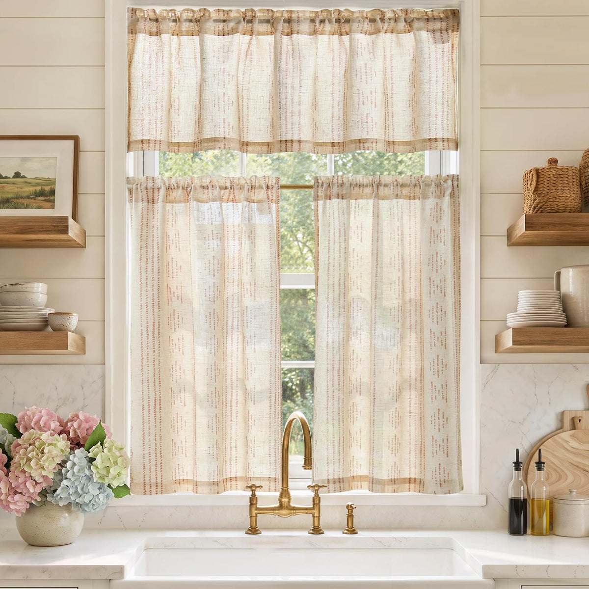 jinchan Sage Green Linen Kitchen Curtains and Valance Set Rod Pocket