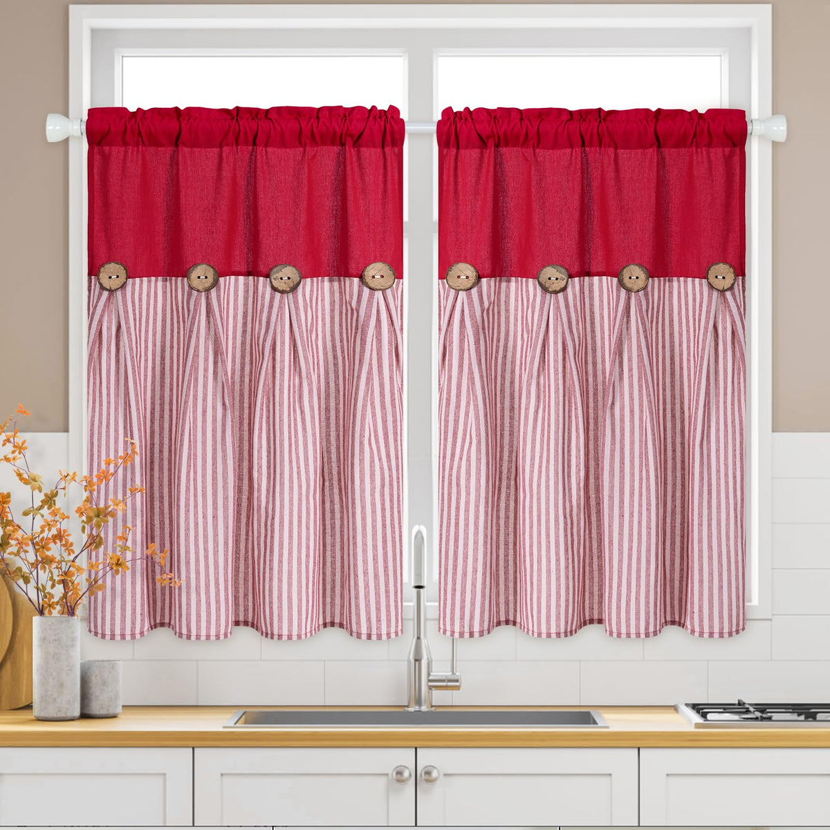 ASPMIZ Cotton Linen Kitchen Valance Curtains, Boho Rustic Button Linen Valances for Windows Farmhouse, Black with Grey Stripe Valance Window Topper Treatment Window Valances for Bathroom, 52 x 18 Inch