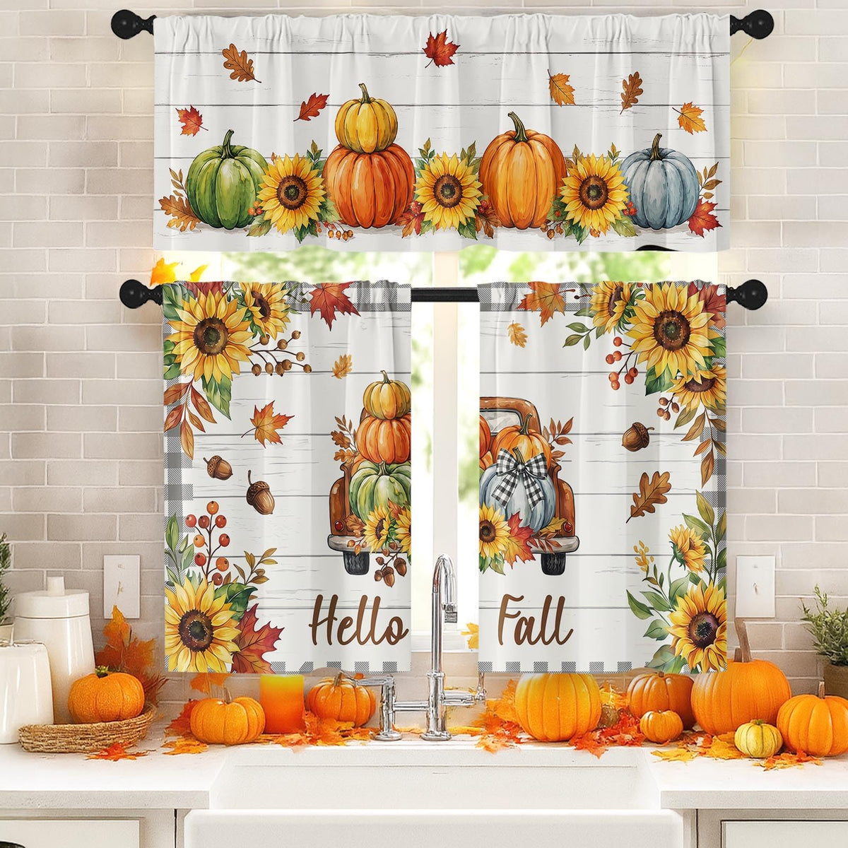 Arttown Fall Kitchen Curtains Sets for Windows, Pumpkin, 52x36 Inch