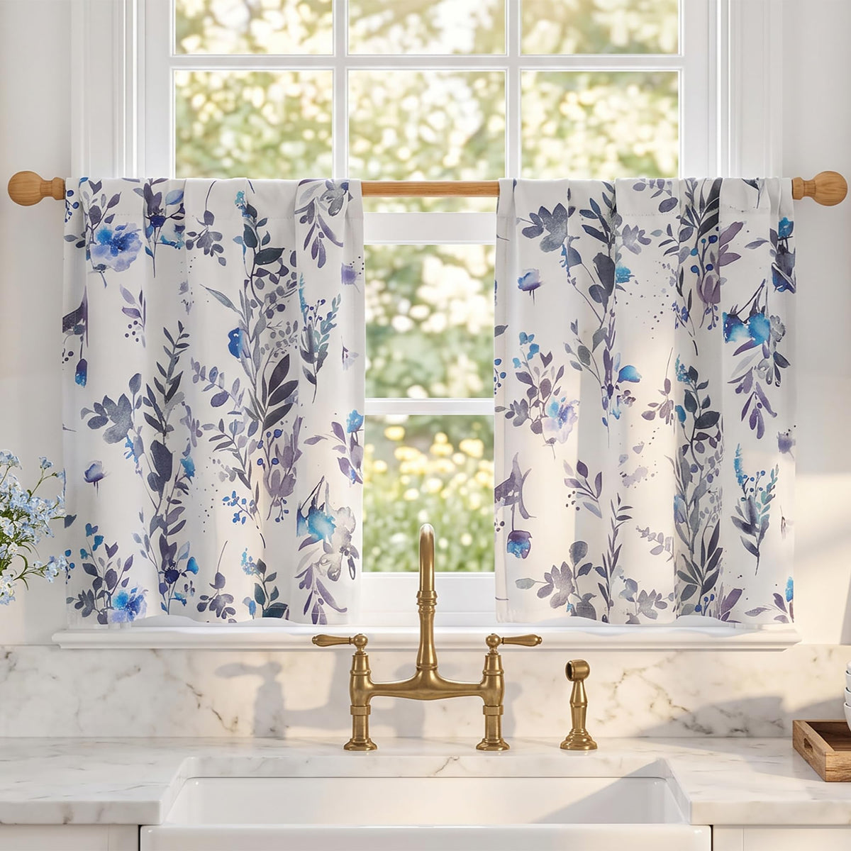 MYSKY HOME Floral Blackout Curtains 45 inch Length 2 Panels Yellow and Blue
