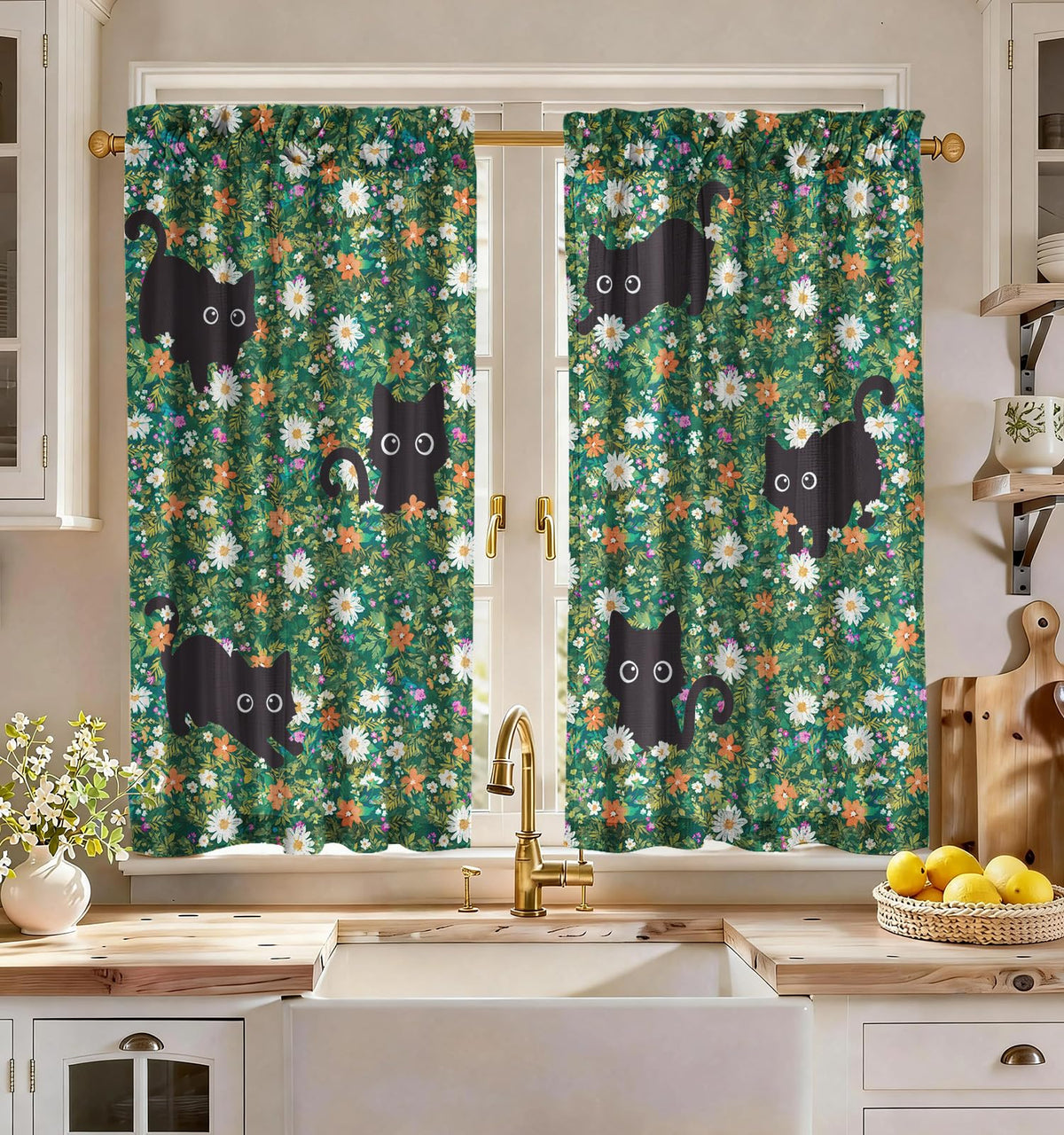 Miss Adola 36 Inch Length Kitchen Tier Curtains, Floral Cat