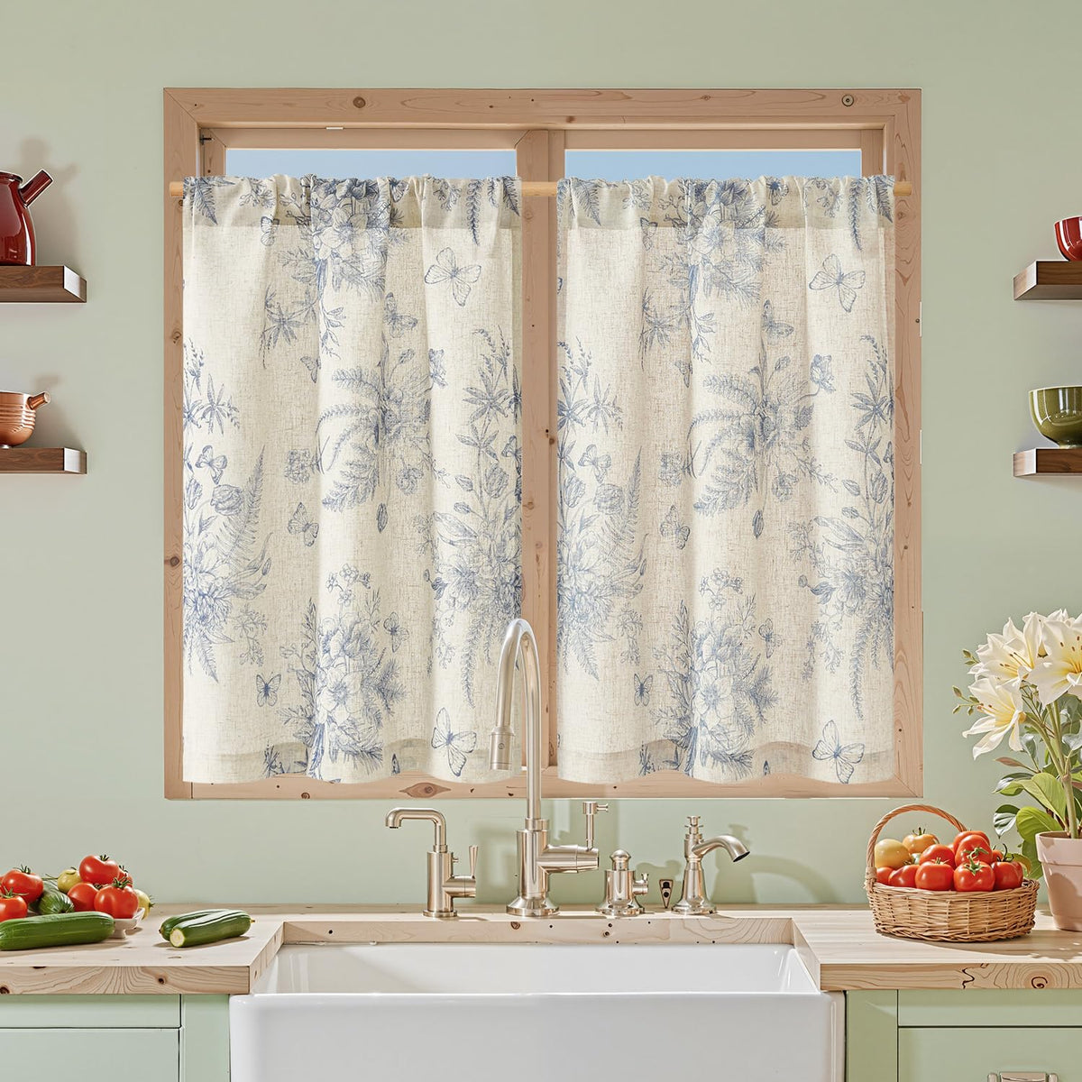 jinchan Floral Kitchen Tier Curtains 24 Inch 2 Panels Sage Green on Beige