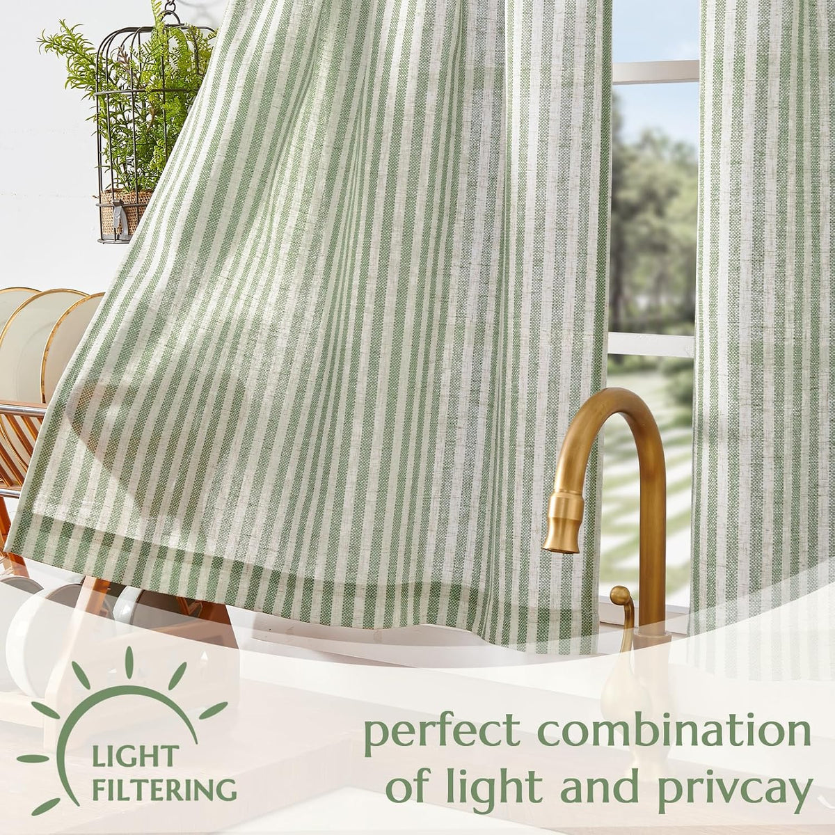 jinchan Striped Linen Kitchen Tier Curtains, 30 Inch, Sage Green, 2 Panels