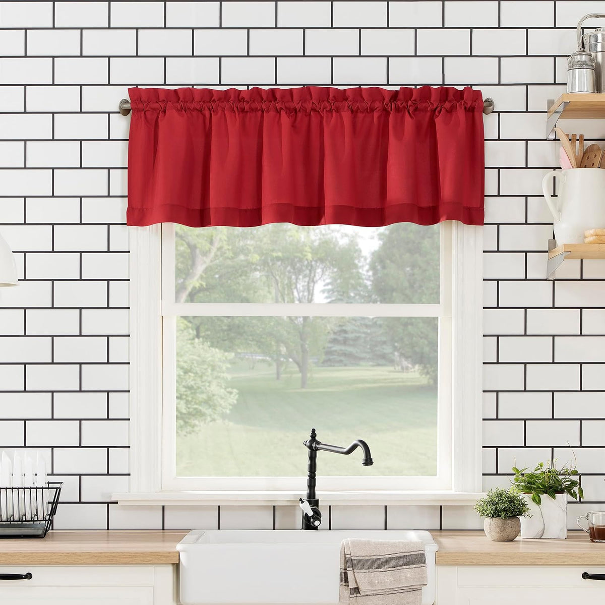 No. 918 Martine Microfiber Semi-Sheer Rod Pocket Kitchen Curtain Valance and Tiers Set, 54" x 36", Red