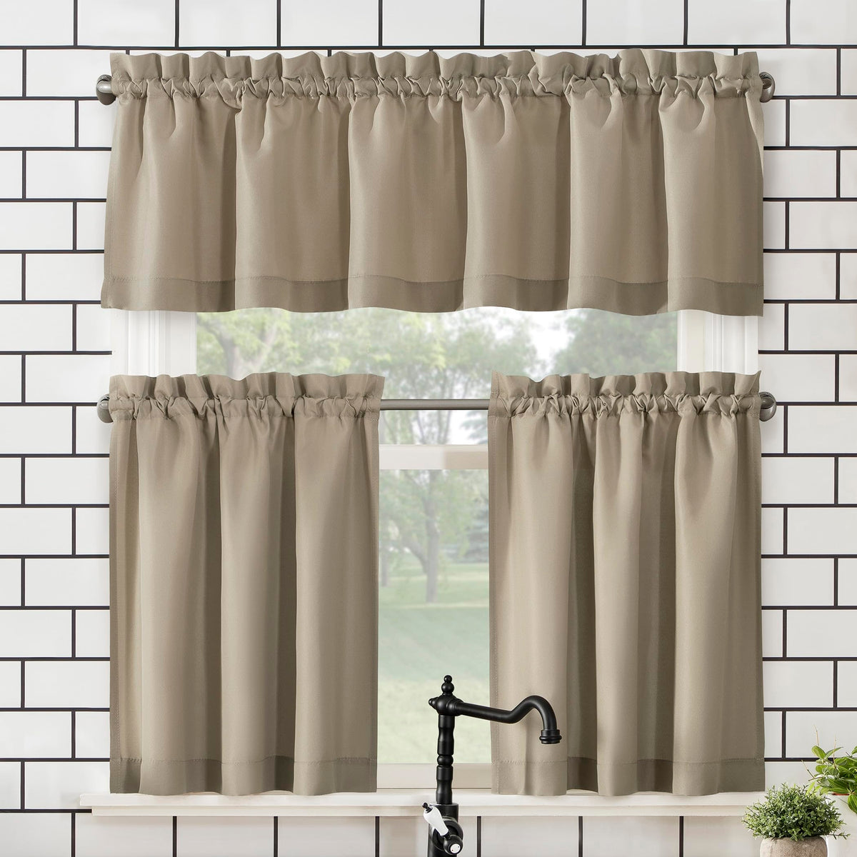 No. 918 Martine Microfiber Semi-Sheer Rod Pocket Kitchen Curtain Valance and Tiers Set, 54" x 36", Red