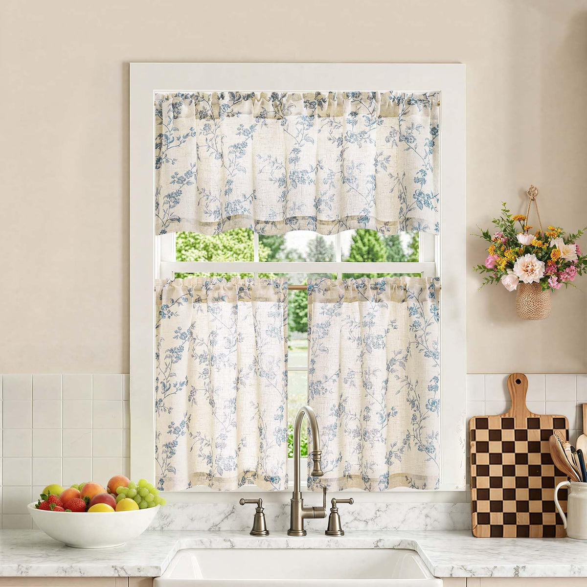 jinchan Green Linen Floral Kitchen Tier Curtains and Valance Set 3 Pieces