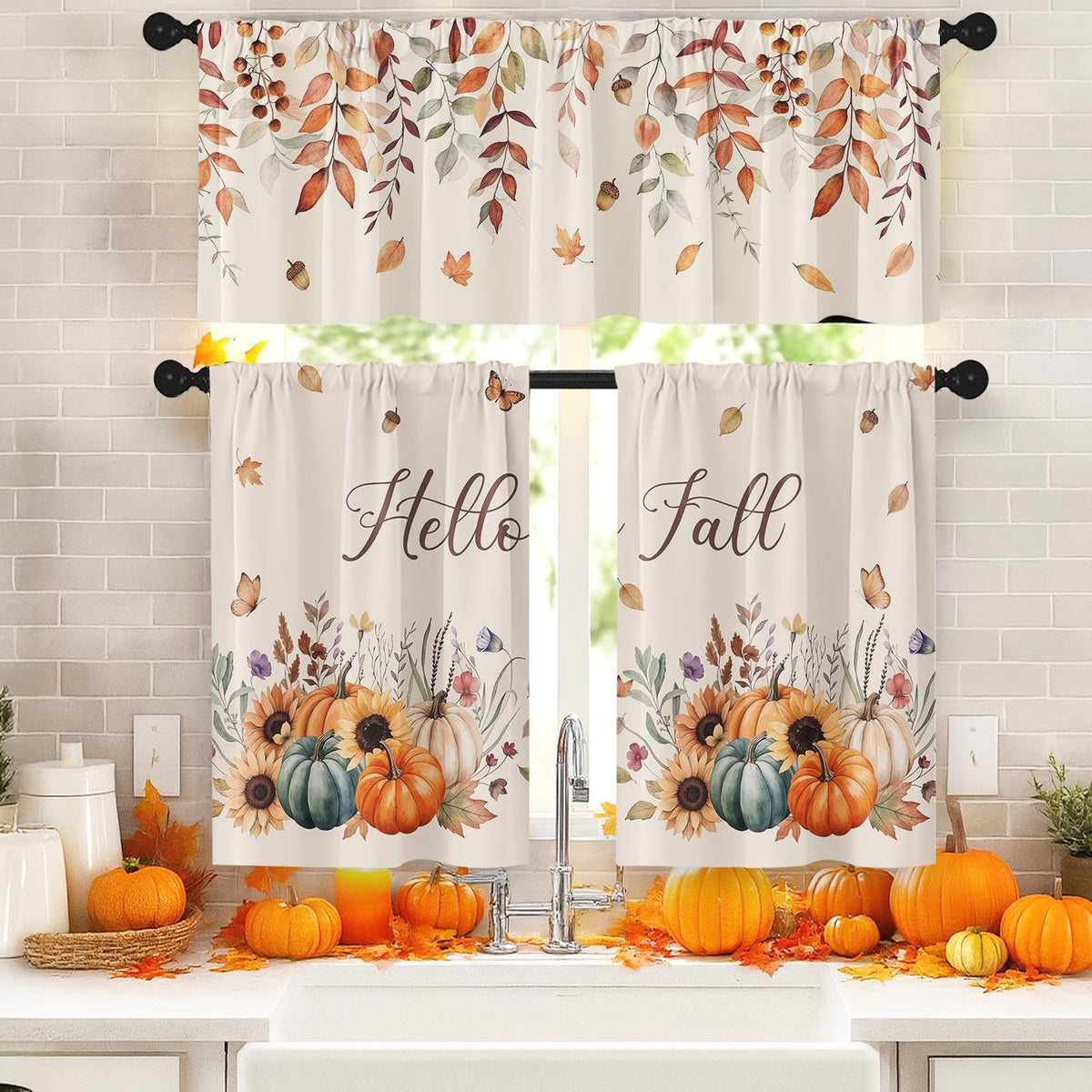 Arttown Fall Kitchen Curtains Sets for Windows, Pumpkin, 52x36 Inch