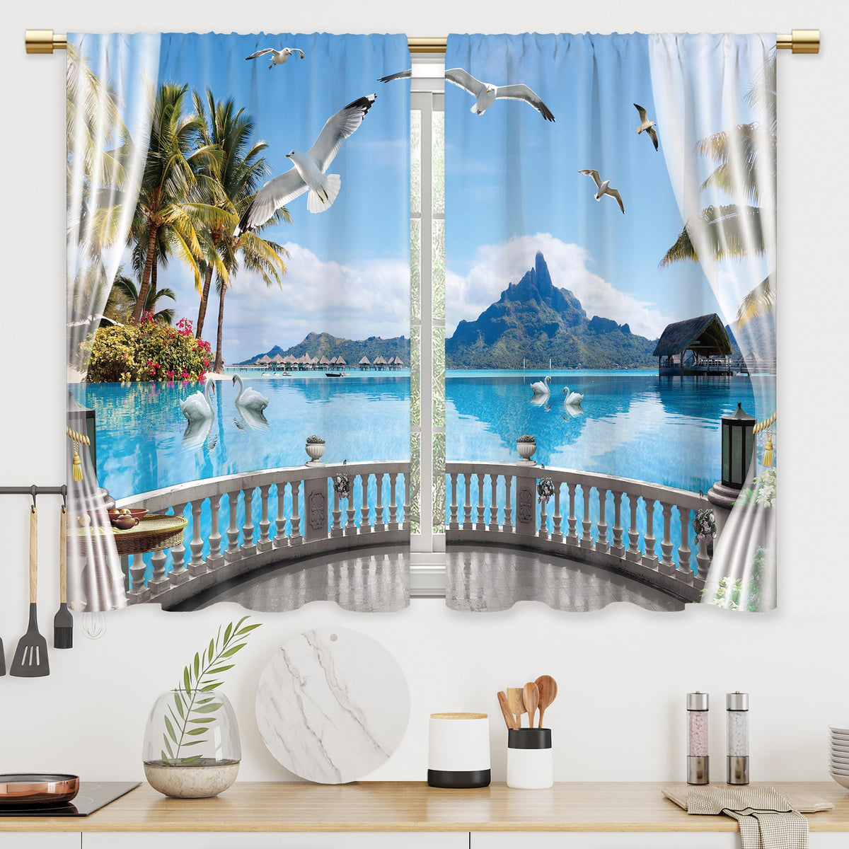 Colorful Leaves Kitchen Curtains Boho Botanical Bathroom Curtains Window Treatment Drapes Tier Flower Floral Cafe Small Bedroom Short French Door Curtains Rod Pocket 2 Panels 27.5x39 Inch