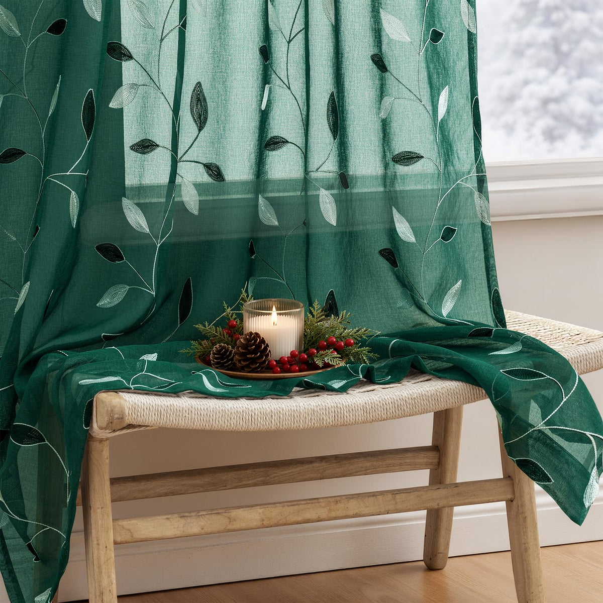 MIULEE Beige Sheer Curtains 2 Panels Embroidered Leaf Patterned, W52 x L63