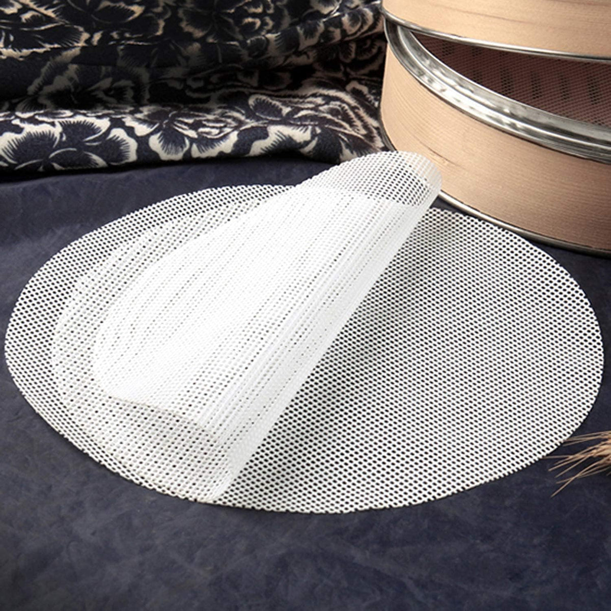 GUCUJI 13 Inch Silicone Bamboo Steamer Liners - Non-Stick, Reusable Steamer Mesh Mats for Steamed Buns, Dumplings, veggies, Dim Sum, Momo, Rice, and fish - Food Grade BPA Free (4Pcs)