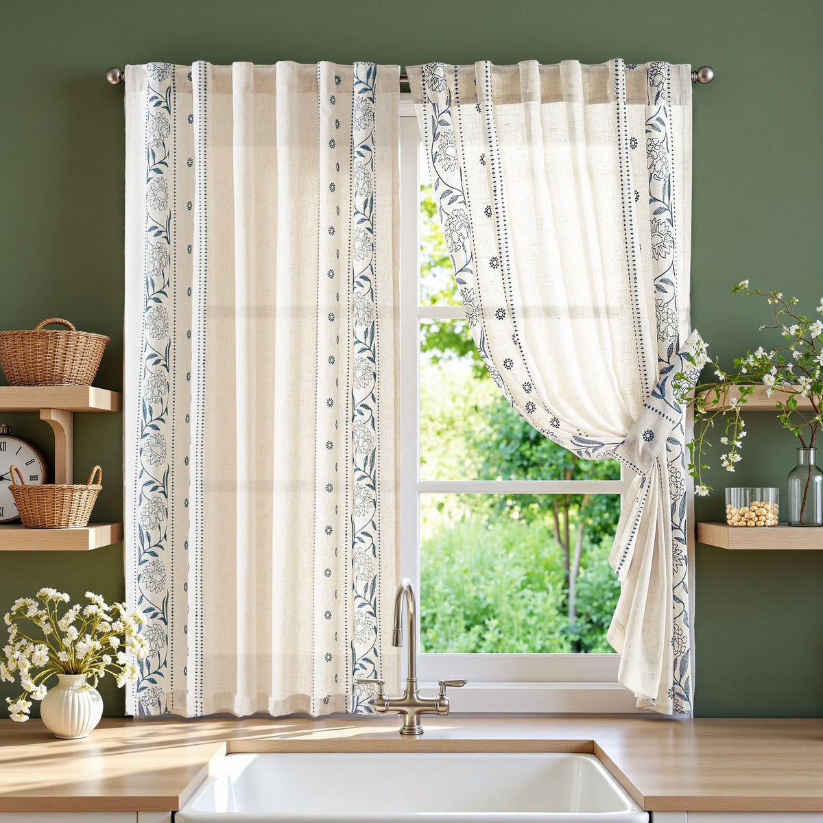 jinchan Beige Floral Linen Kitchen Tier Curtains 50x54 Inch 2 Panels