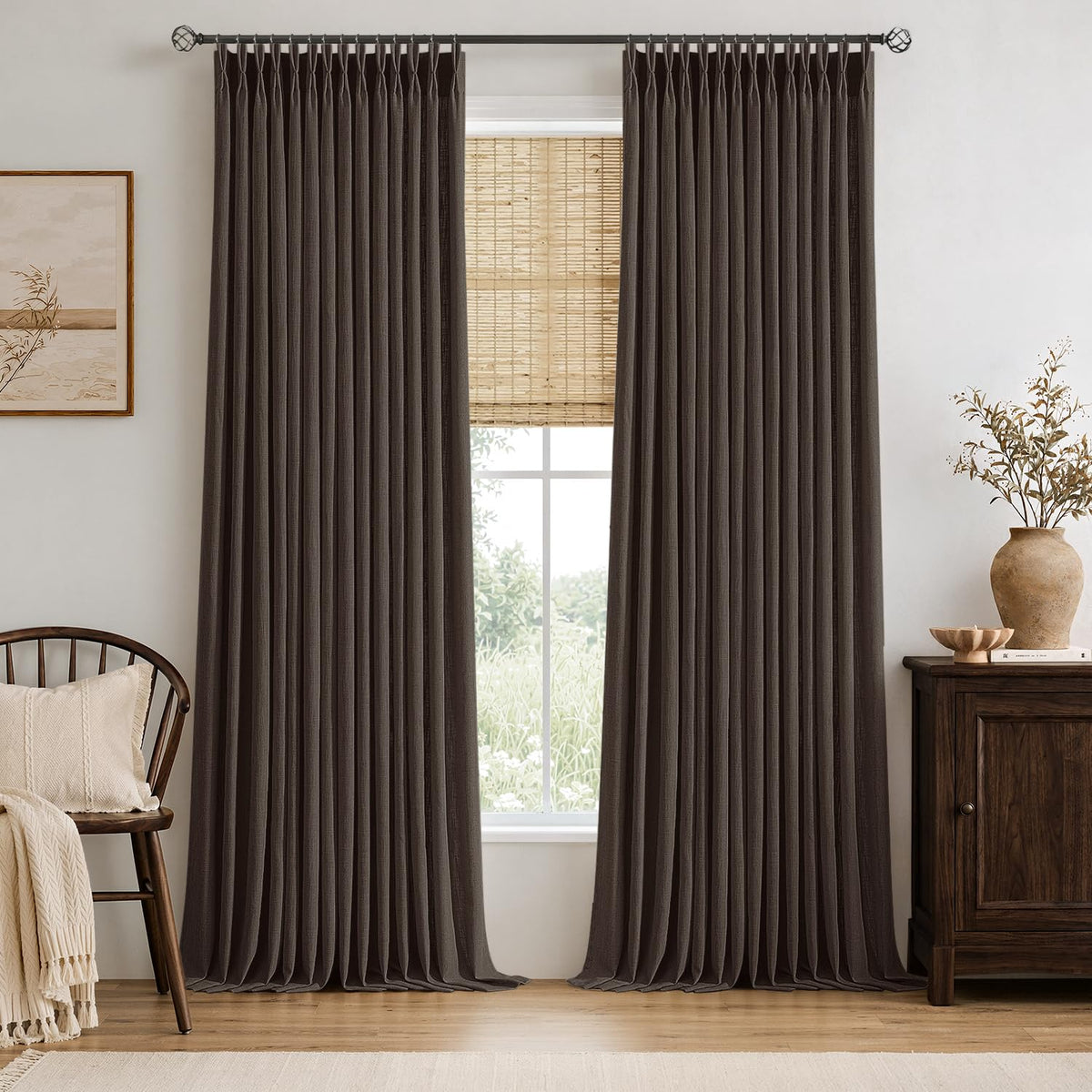 MIULEE Pinch Pleated Thick Linen Curtains 36 Inches Long 2 Panels Natural