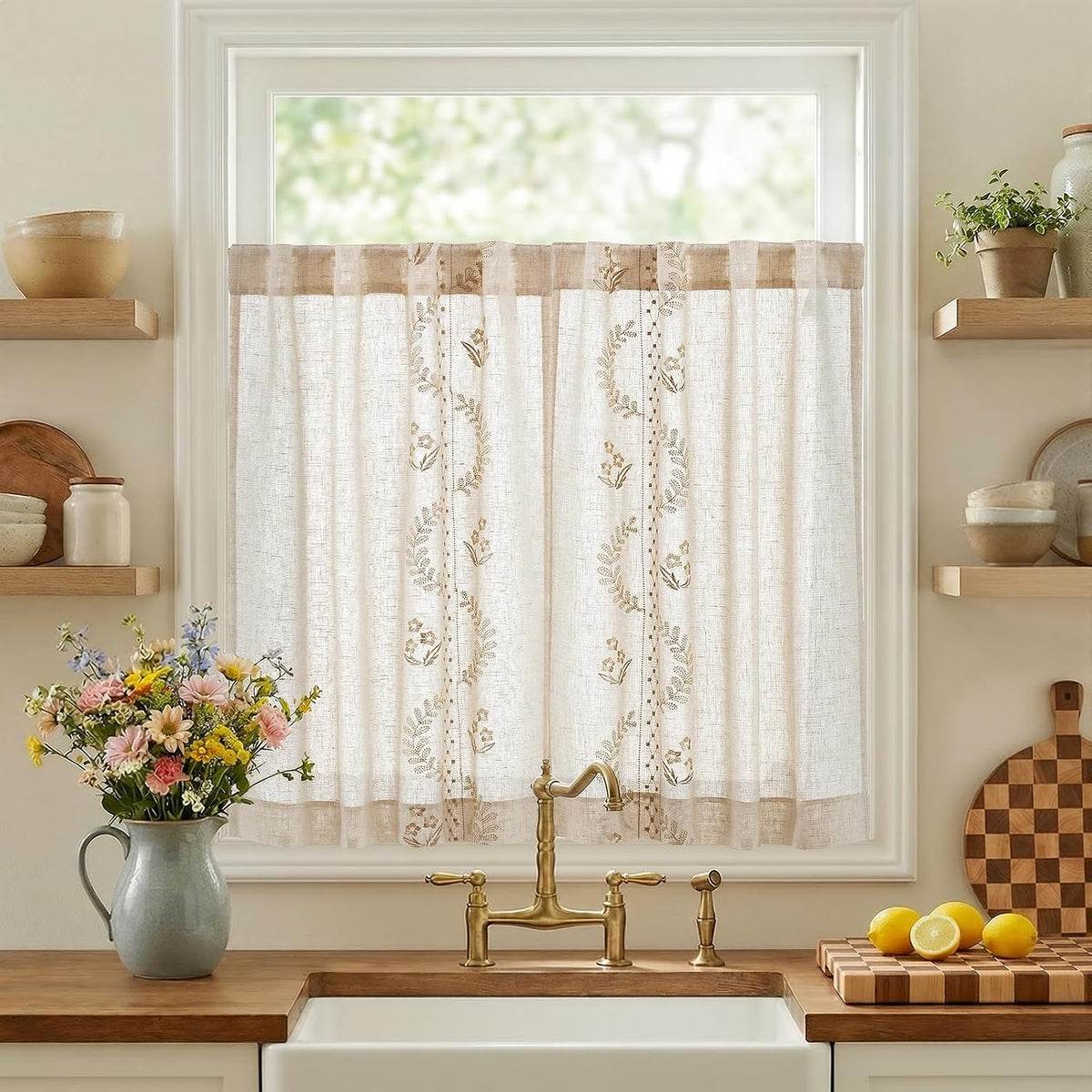 jinchan Beige Floral Linen Kitchen Tier Curtains 36 Inch, 2 Panels