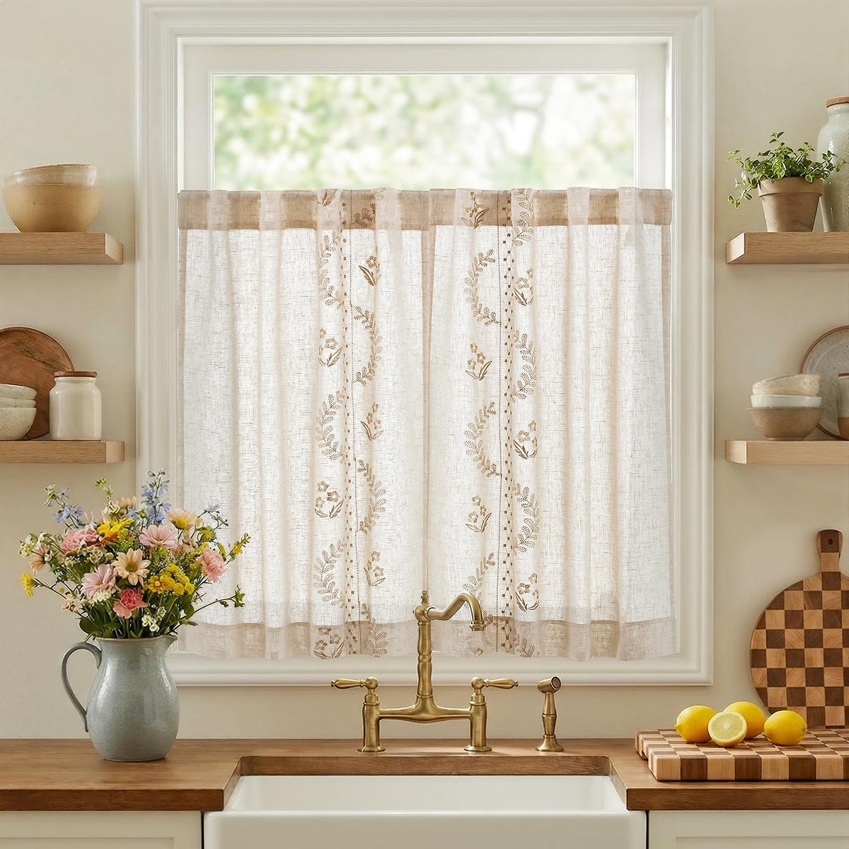 jinchan Green Floral Linen Kitchen Tier Curtains 50x45 Inch 2 Panels