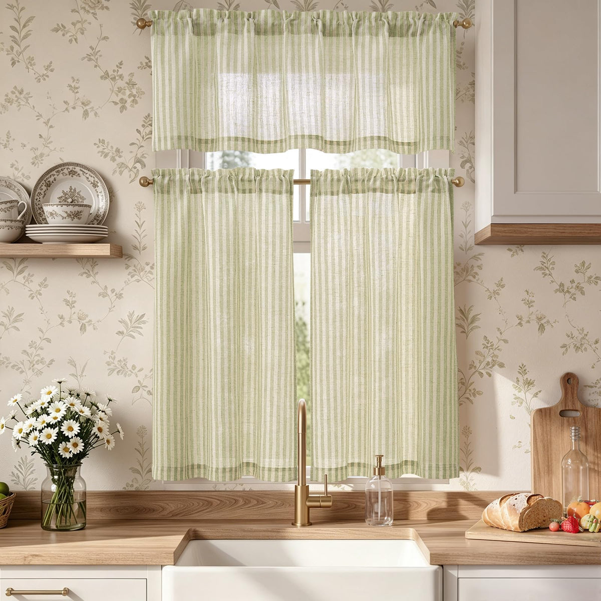 jinchan Sage Green Linen Kitchen Curtains and Valance Set Rod Pocket