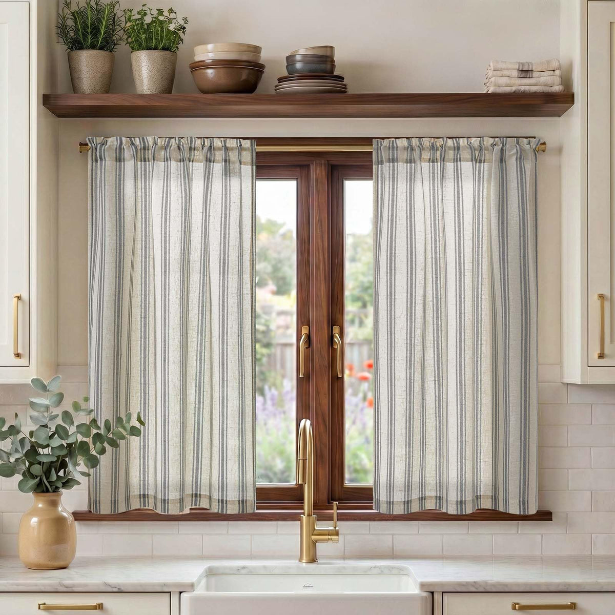 jinchan Linen Striped Tier Curtains for Kitchen Windows Farmhouse