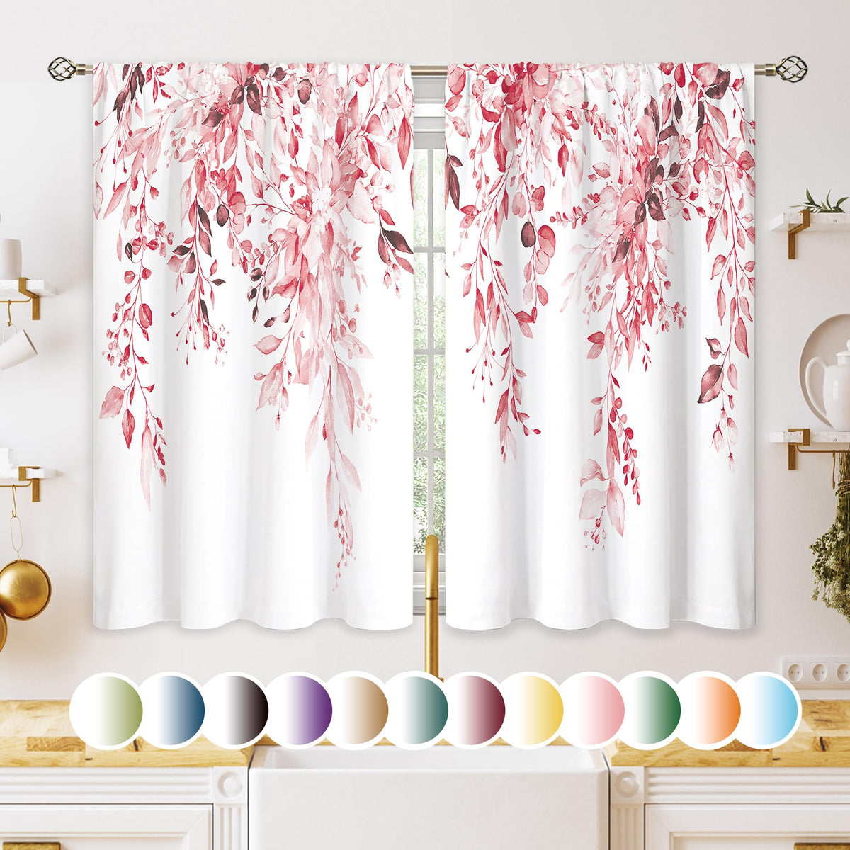 Eucalyptus Botanical Leaves Floral Kitchen Window Curtains Over Sink Boho Farmhouse Flower Leaf Small Window Treatment Sage Green Cafe Short Curtains for Bathroom Tier Drapes 27.5x39 inch