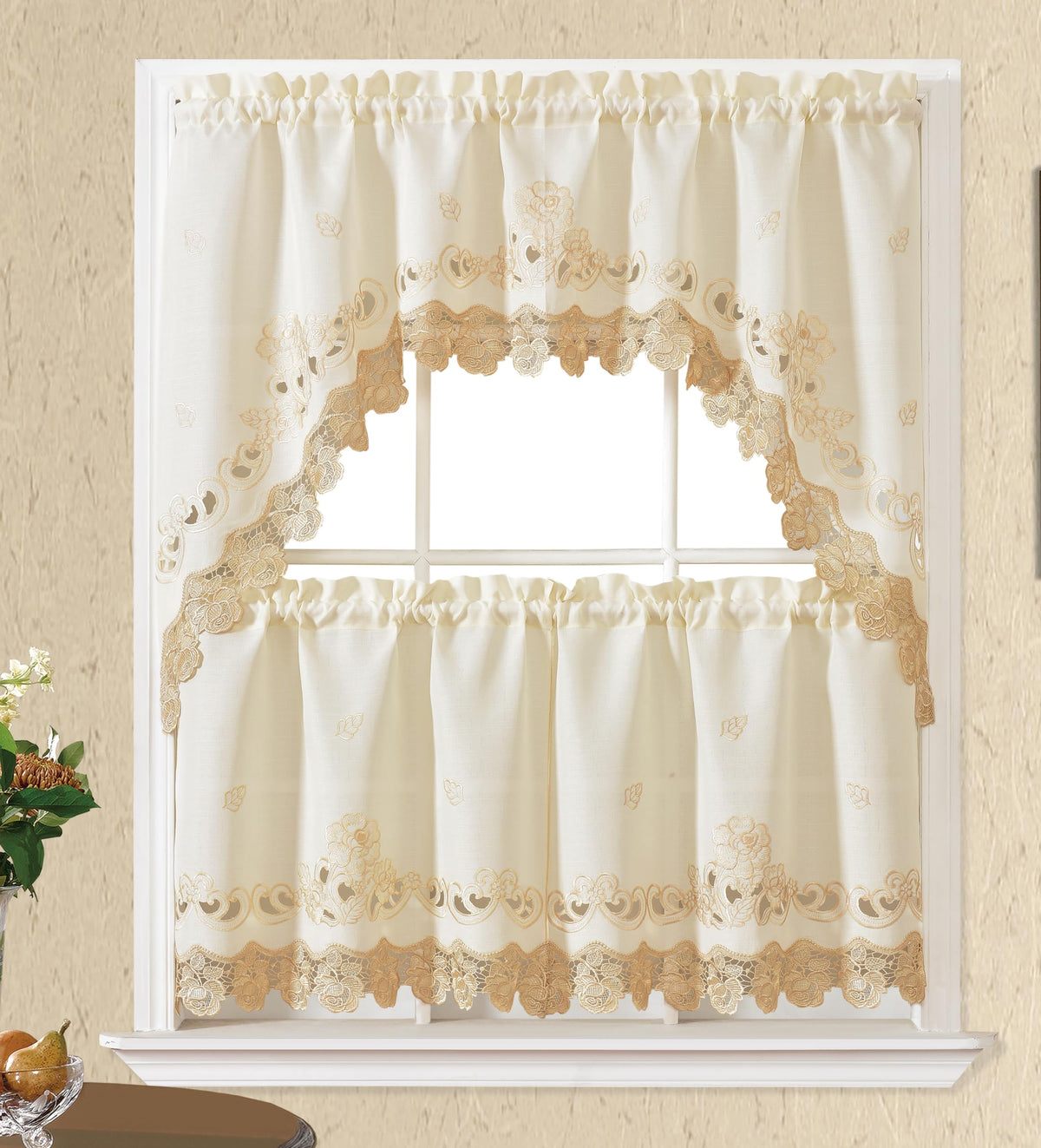 GOHD Lace Rosarium Kitchen Curtains, 3PCS Kitchen Curtains and Valances Set, Elegant White Fabric with Rose Embroidery and Lace. (Grey, Swag and 22 inches Tiers Set)