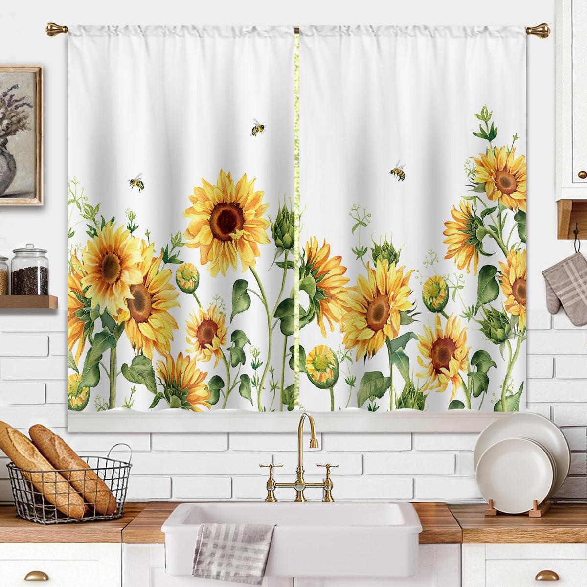 Farmhouse Sunflower Kitchen Curtain Rustic Small Short Cafe Window Curtains Country Wooden Barn Inspirational Bathroom Window Drapes Treatment Tier Curtains 2 Panels (27.5x39 Inch)