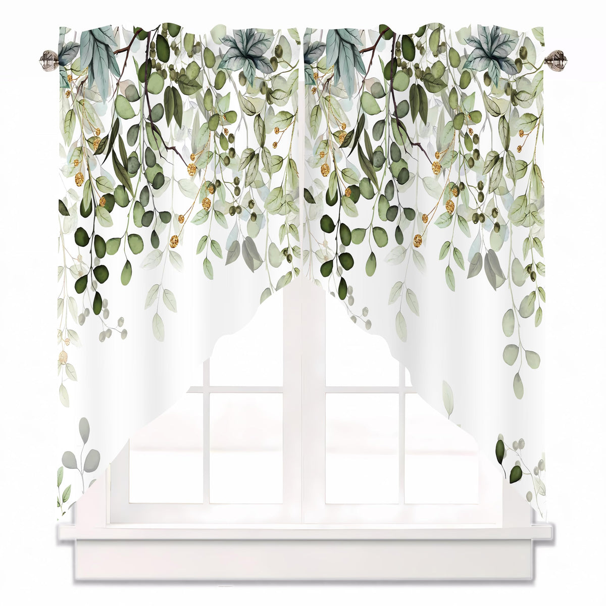 Sage Green Eucalyptus Leaves Swag Curtains 1 Pair, 28x36 in