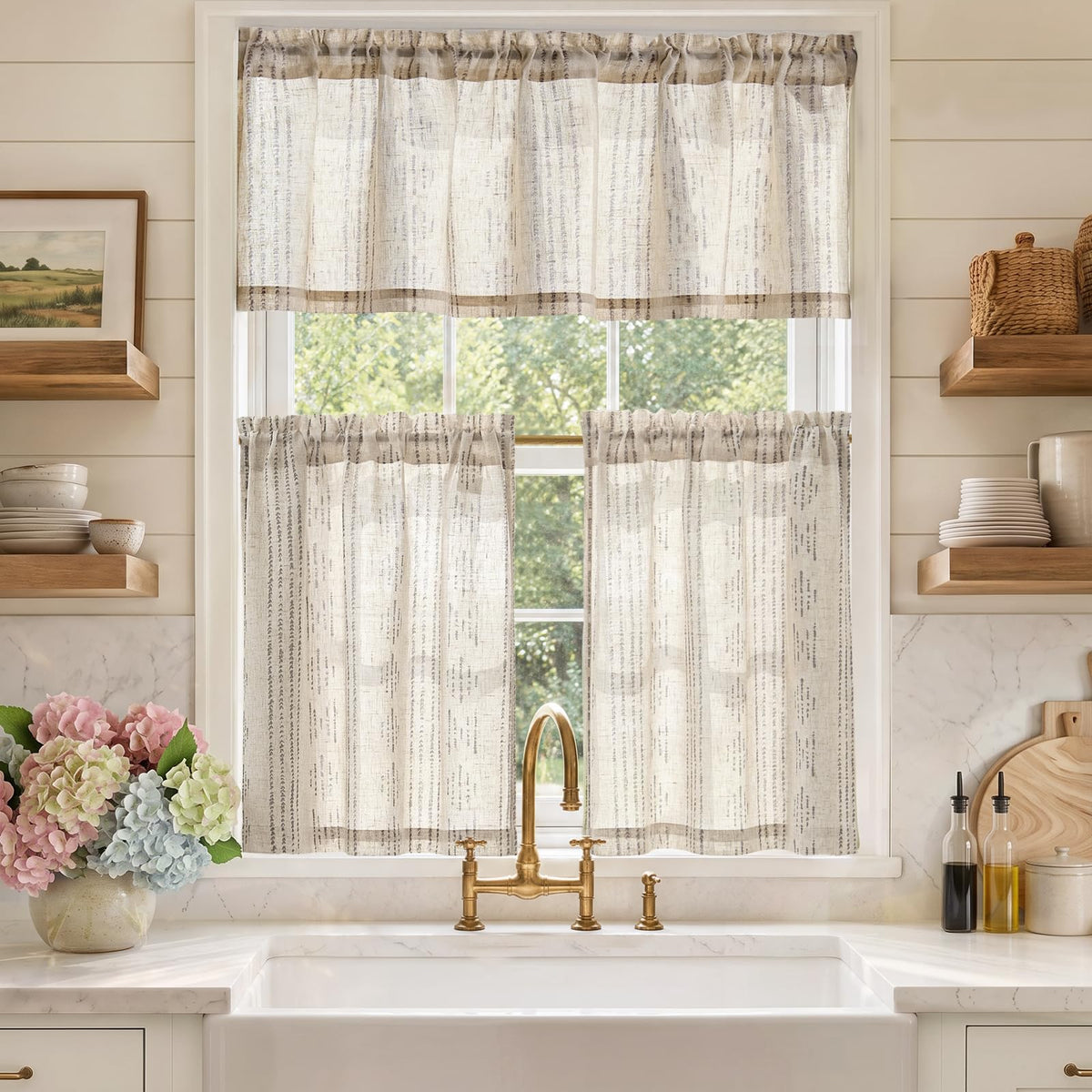 jinchan Sage Green Linen Kitchen Curtains and Valance Set Rod Pocket