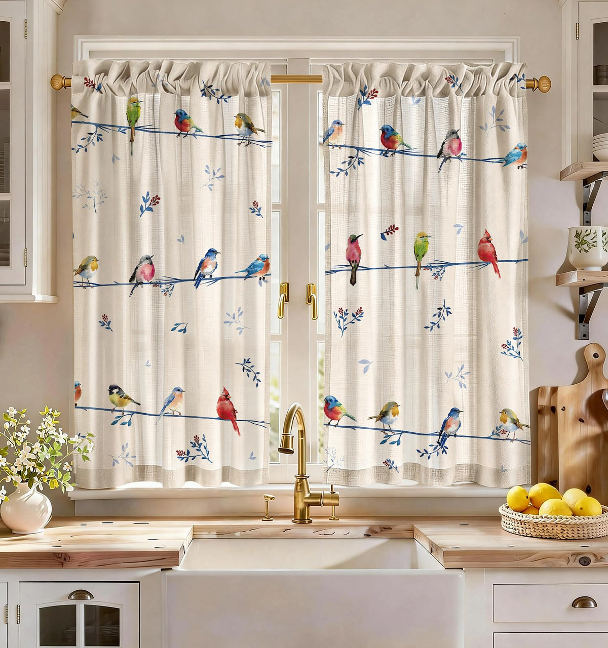 Miss Adola 36 Inch Length Kitchen Tier Curtains, Floral Cat