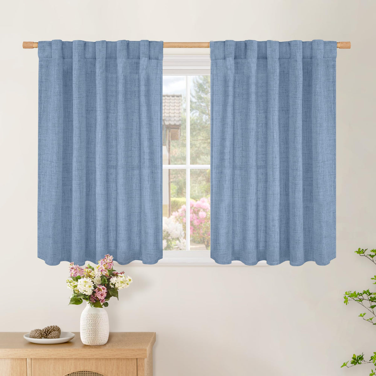 BGment White Linen Kitchen Curtains 40 Inch Length for Short Window