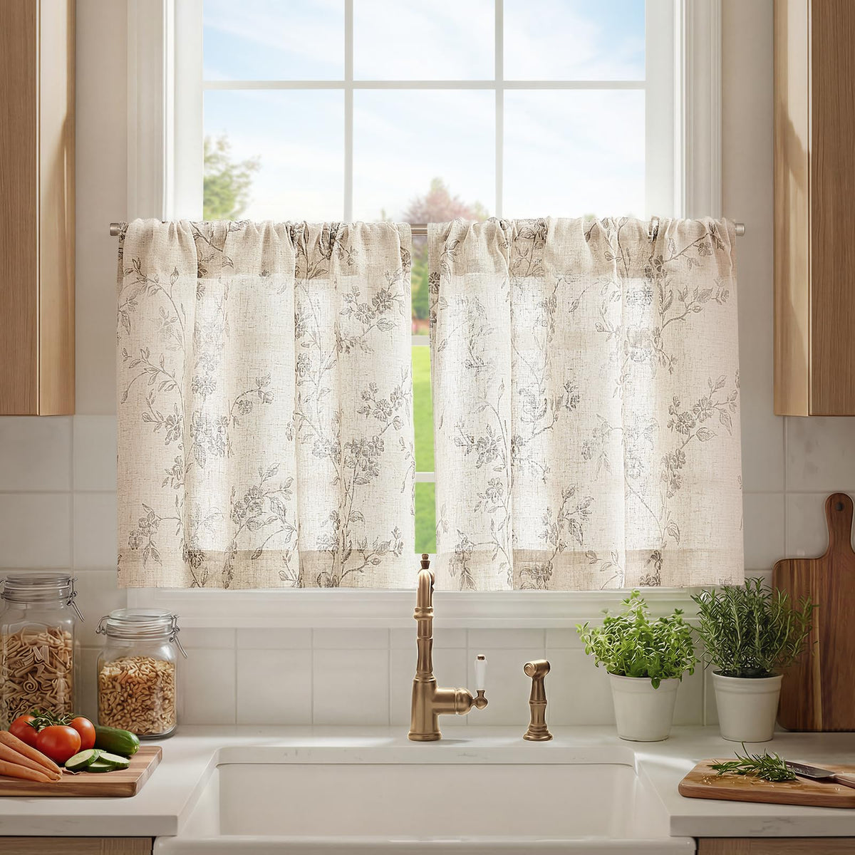 jinchan Floral Linen Kitchen Tier Curtains, 36 Inch, 2 Panels, Taupe